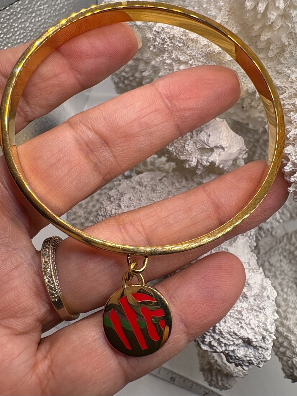 Gold-Tone Bangle Bracelet with Red and Green Enamel Disc Charm